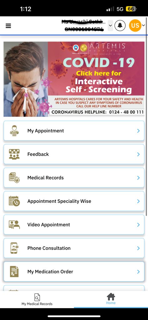 Artemis PHR app home screen displaying a COVID-19 screening banner and medical service options like appointments and records.