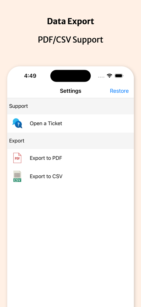 Inventory Organizer - Tracker - Inventory Organizer app settings screen showing PDF and CSV export options for inventory management