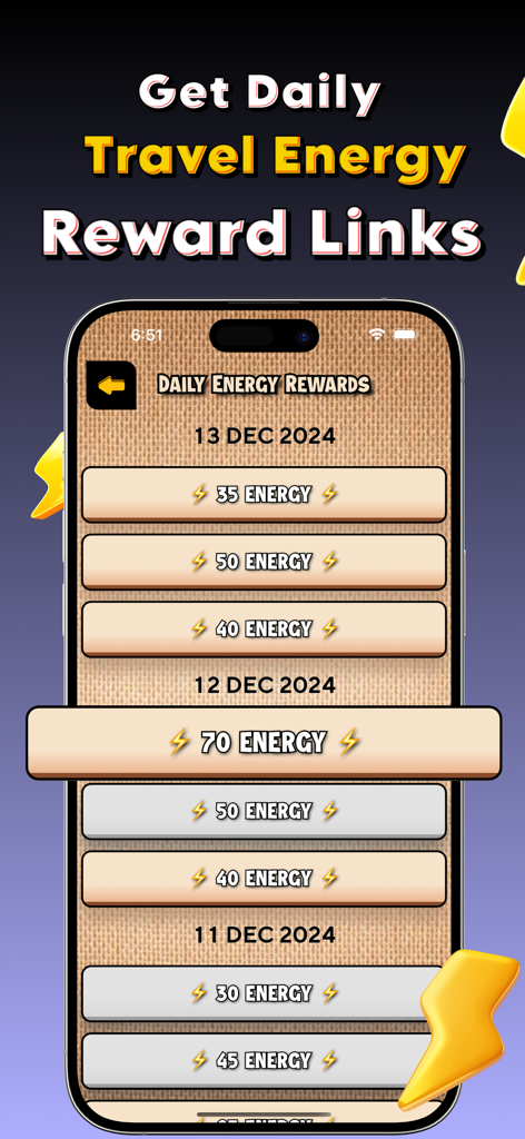 Travel Energy Reward Links - Mobile app interface displaying a chronological list of daily energy rewards for the Travel Energy game