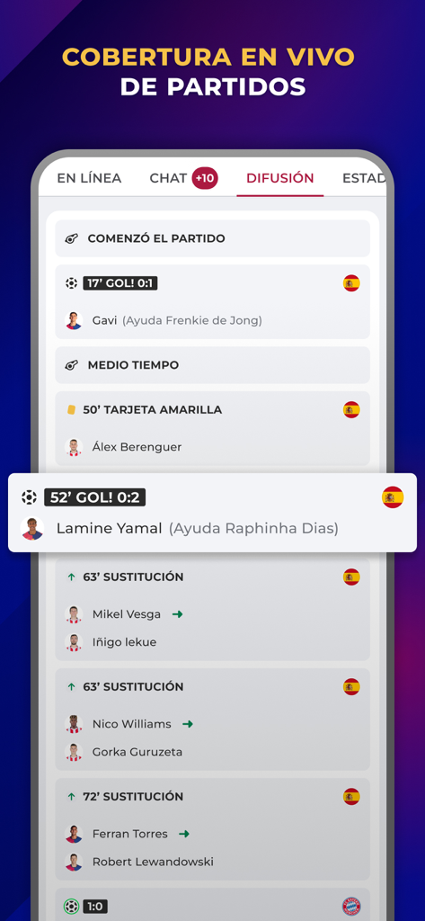 Barcelona Live - For Barca Fan - Mobile app screen showing live match events for FC Barcelona including goals by Gavi and Lamine Yamal with player substitutions and match timeline in Spanish