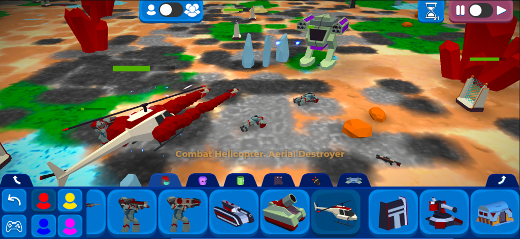 MoonBox - Gameplay of MoonBox showing a combat helicopter and various units in a low poly 3D sandbox environment
