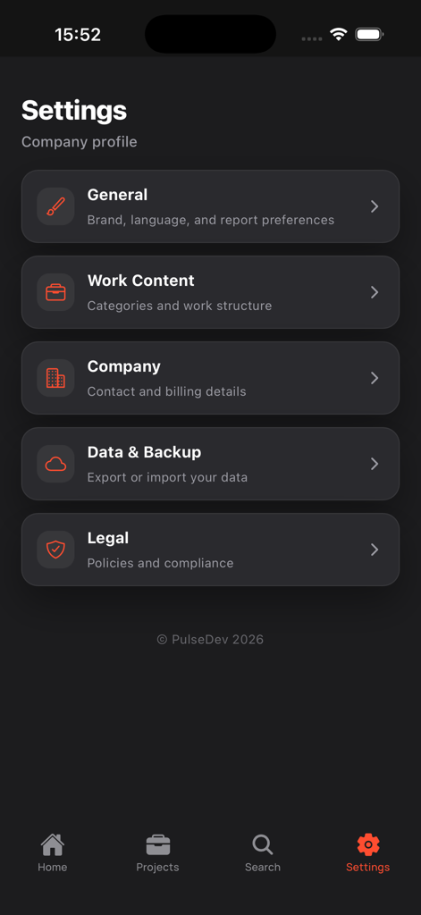 Workfolio - Work Track - Settings menu of the Workfolio app showing options for company profile, general preferences, and data backup.