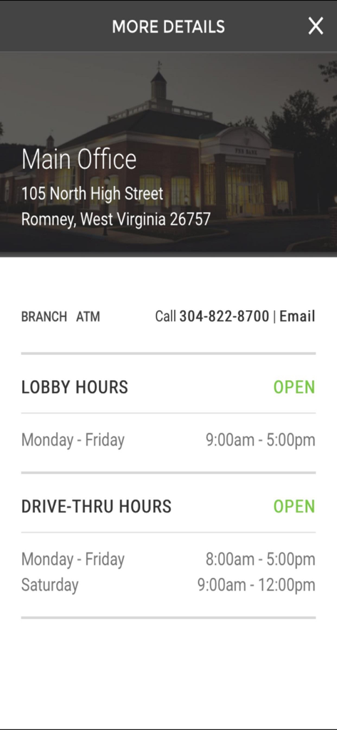 Detalhes da localização do escritório principal do FNB Bank em Romney, West Virginia, mostrando o horário do balcão e do serviço automóvel