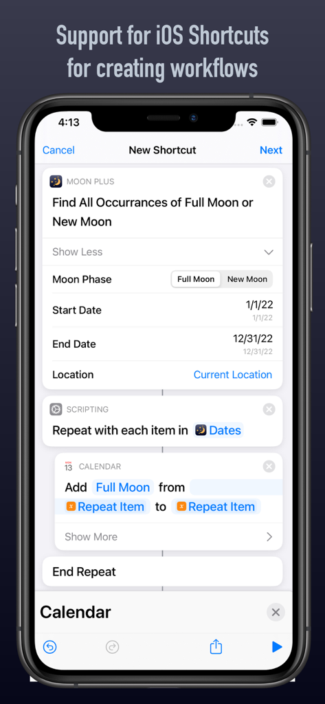 Moon Plus - Calendar + Compass - 月のフェーズワークフローのためのiOSショートカット統合を示すMoon Plusアプリインターフェース