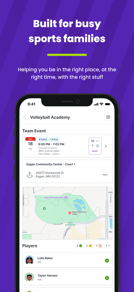 OTTO SPORT app screen showing a volleyball team event with schedule location map and player roster
