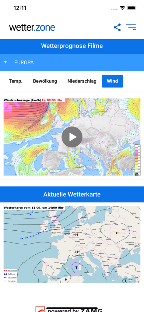 European wind forecast map and synoptic weather map showing pressure systems in the wetter.zone app