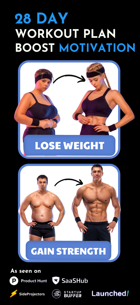 AI Fitness Coach: Basic Fit - Plano de 28 dias do AI Fitness Coach mostrando transformações corporais para perda de peso e ganho de força