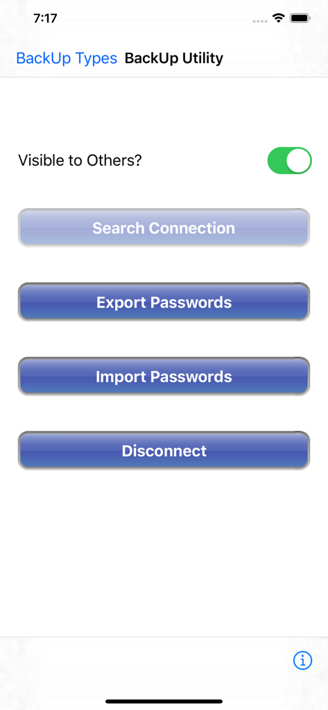 PassDiary Password Manager - Captura de ecrã da aplicação PassDiary mostrando o menu de utilidade de backup com botões para procurar ligação, exportar palavras-passe e importar palavras-passe.