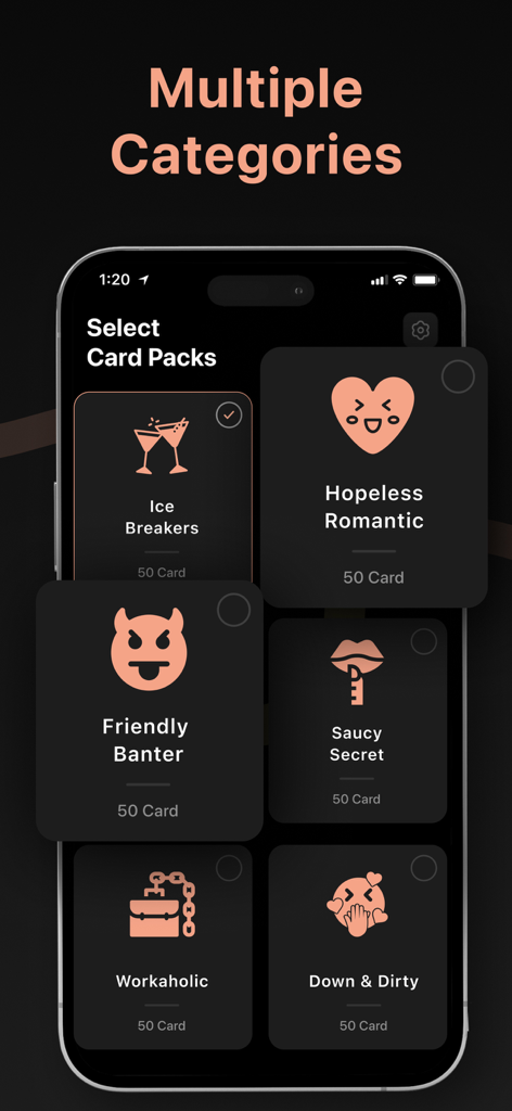 A mobile screen displaying themed card packs for the Whos Most Likely To Exposed party game including categories like Ice Breakers and Down and Dirty.
