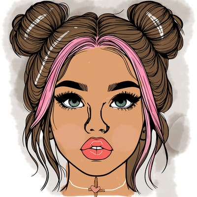 realistic girl with two buns on her hair and lips
