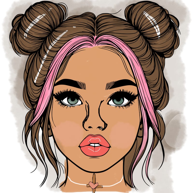 realistic girl with two buns on her hair and lips