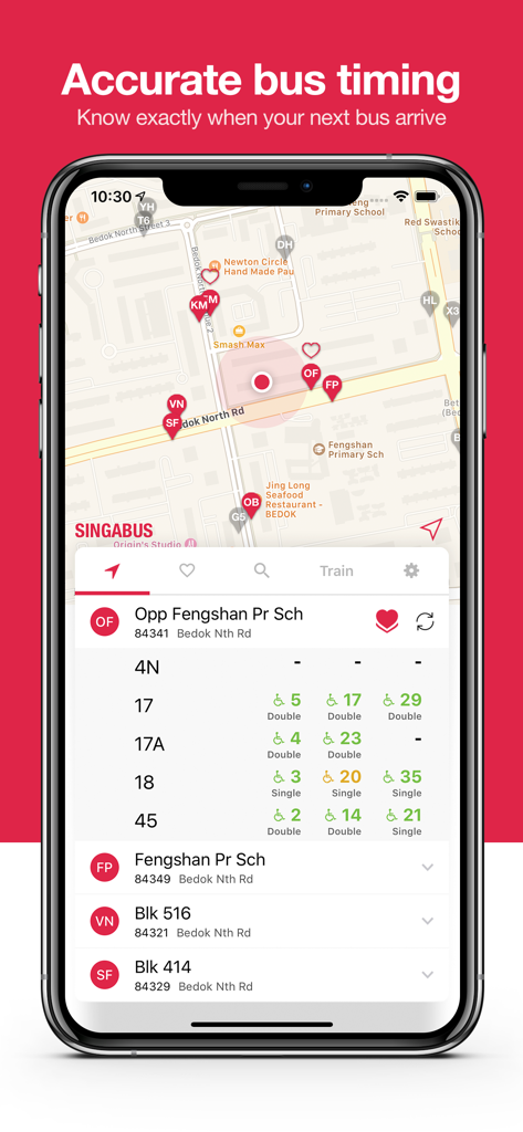 Singabus mobile app displaying live bus arrival times and a map of nearby bus stops in Singapore