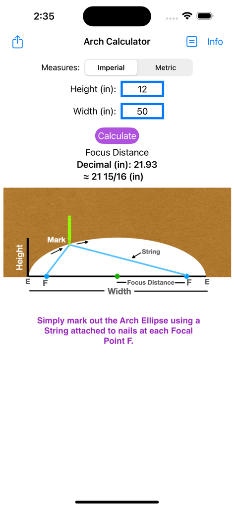 Arch Layout Calculator - Mobile app interface of Arch Layout Calculator showing height and width inputs with an elliptical arch layout diagram