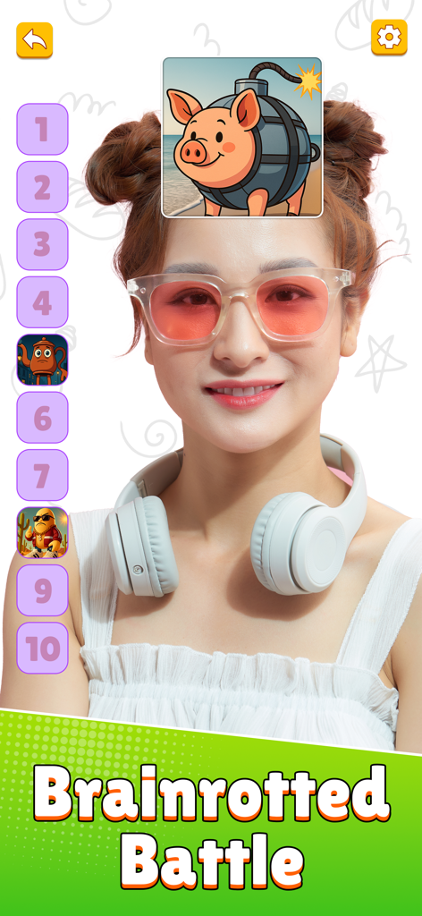 Brainrotted Soundmix & AR - Una chica usando un filtro de meme AR de la aplicación Brainrotted con un personaje de bomba de cerdo en la frente