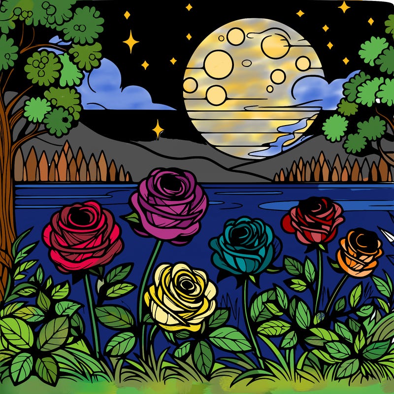 roses under the moonlight near a lake