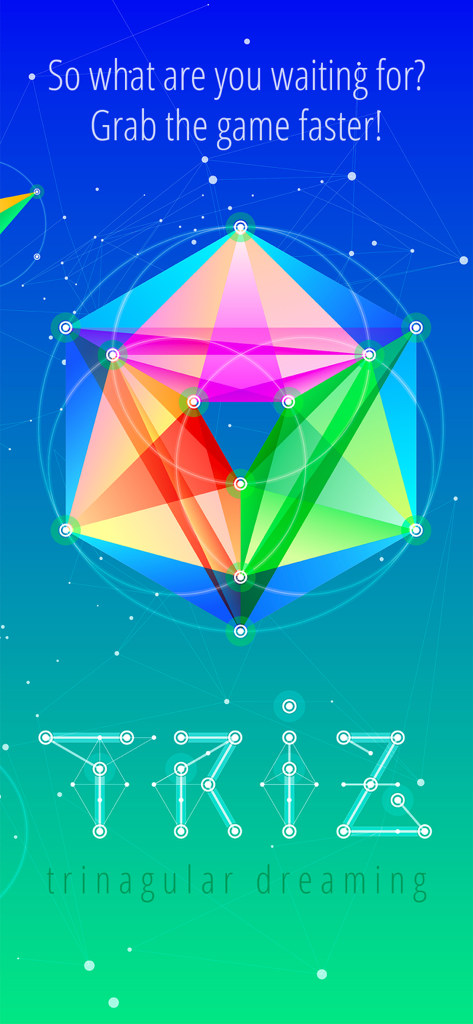 TRIZ - Sacred Geometry Puzzles - A colorful triangular geometric puzzle from the TRIZ app on a blue and green gradient background
