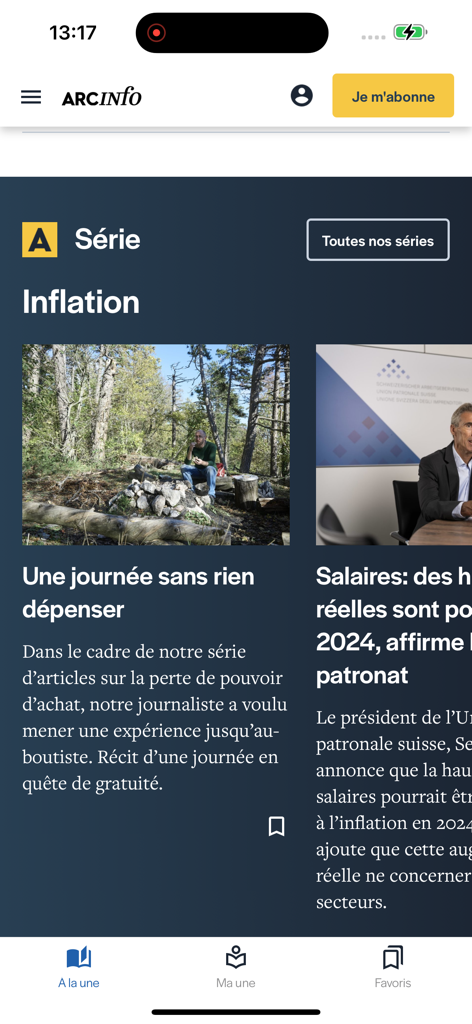 Interfaz de la aplicación de noticias de Arcinfo mostrando una serie de noticias sobre la inflación en francés