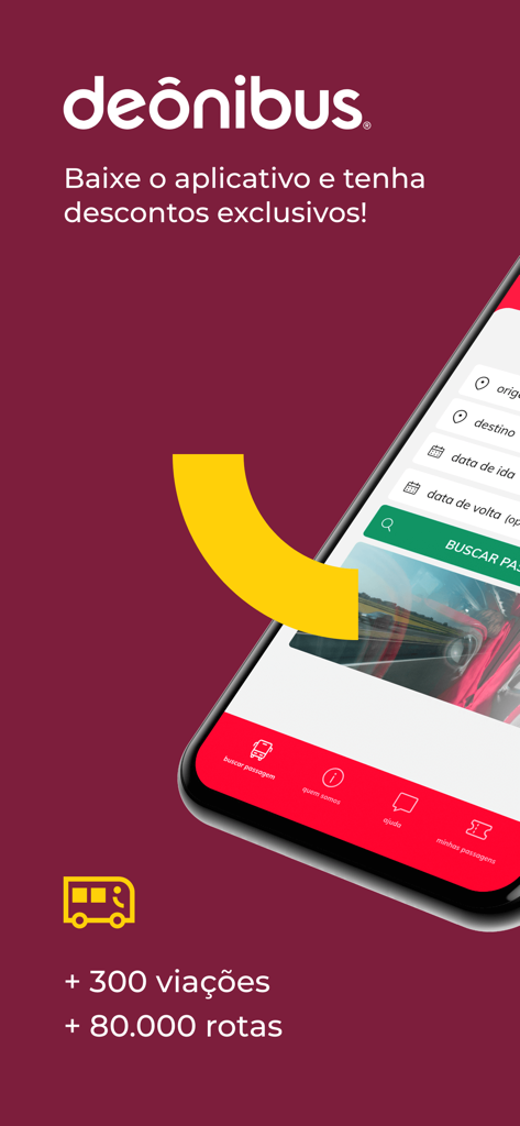 DeOnibus mobile app interface for booking bus tickets in Brazil with over 80000 routes