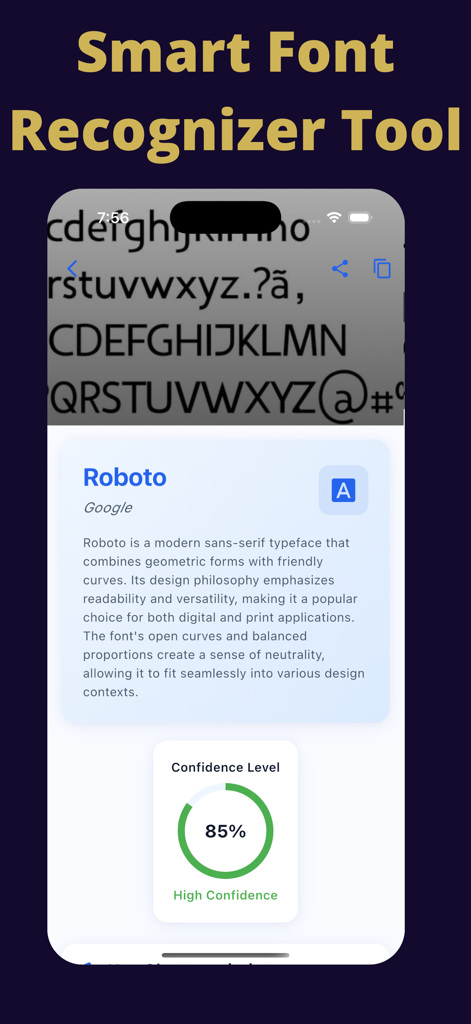 Font Identifier: AI Scan - Font Identifier App-Bildschirm, der die KI-Erkennungsergebnisse für die Roboto-Schriftart mit hoher Zuverlässigkeit anzeigt