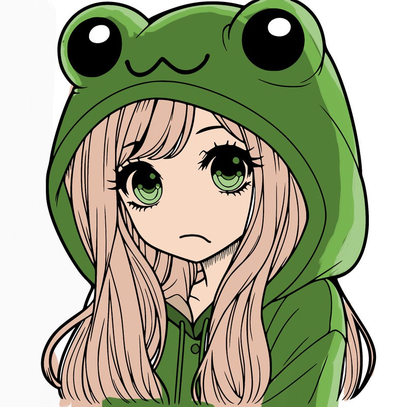 a pretty girl wearing a frog hoodie portrait with long hair