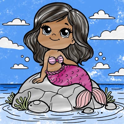 baby mermaid sitting on rock above ocean