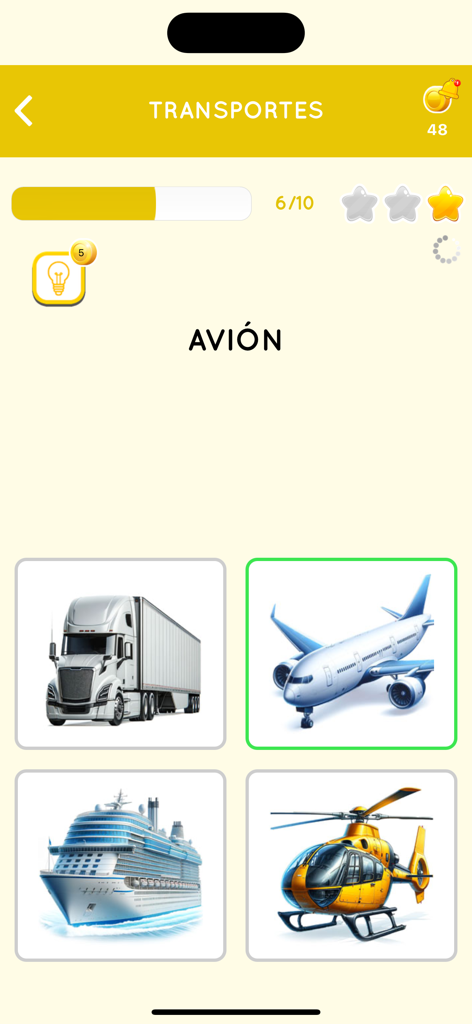 Learn Spanish for Beginner - Spanish language learning app interface showing a transportation quiz for the word Avion with an airplane image selected.