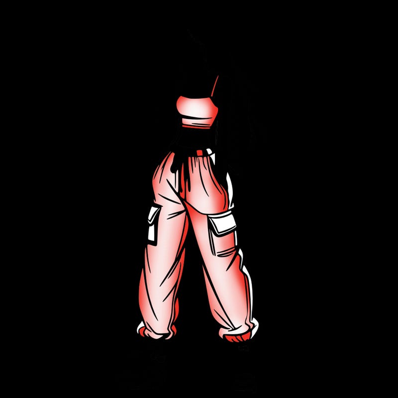 girl in baggy pants crop top and long hair