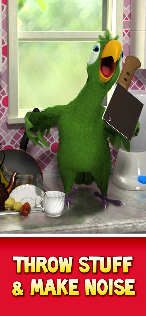 Talking Pierre the Parrot holding a kitchen cleaver in a kitchen with the text Throw Stuff and Make Noise