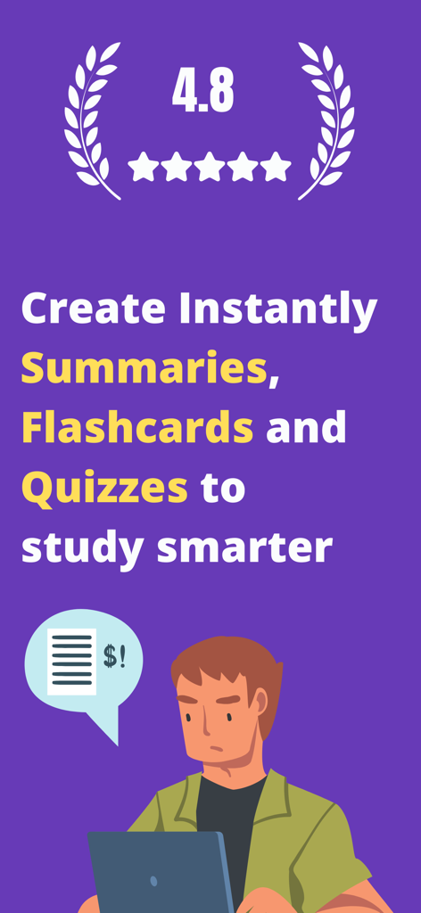 Flashcards to Study - Synt - Promotional screen for the Synt app showing a 4.8 star rating and features for creating summaries flashcards and quizzes to study smarter