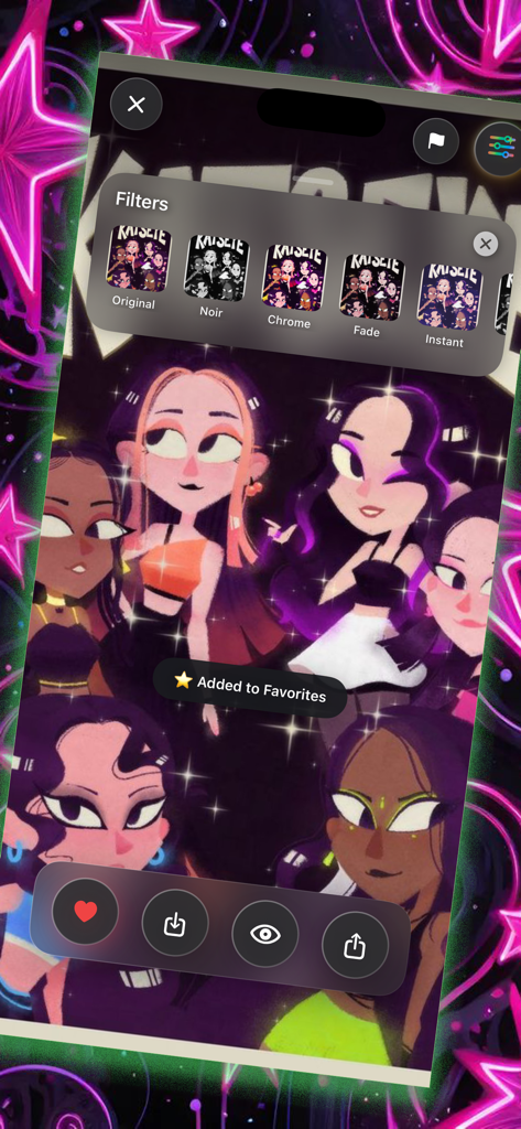 Katseye Wallpaper - Interface d'application mobile de Katseye Wallpaper montrant un portrait de groupe illustré avec une sélection de filtres photo comme Noir et Chrome.