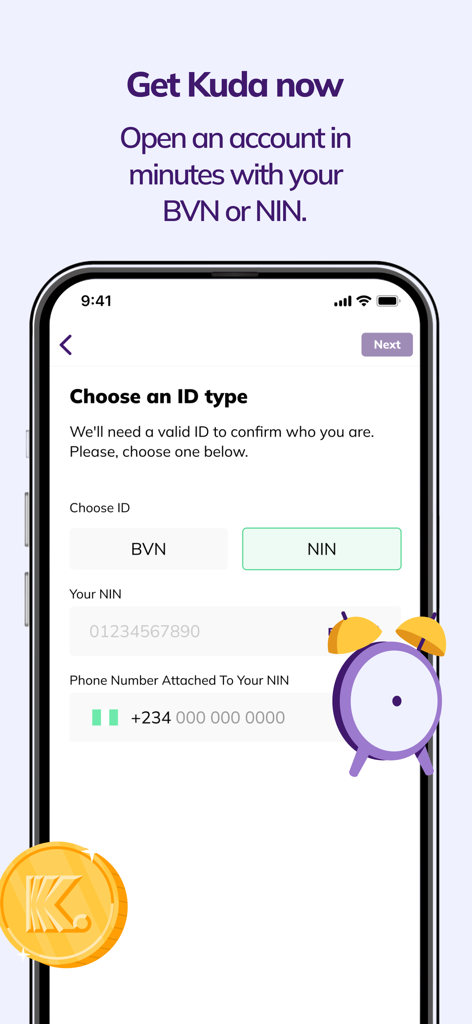 Kuda - Free transfer & payment - Kuda app onboarding screen showing identity verification options for BVN or NIN