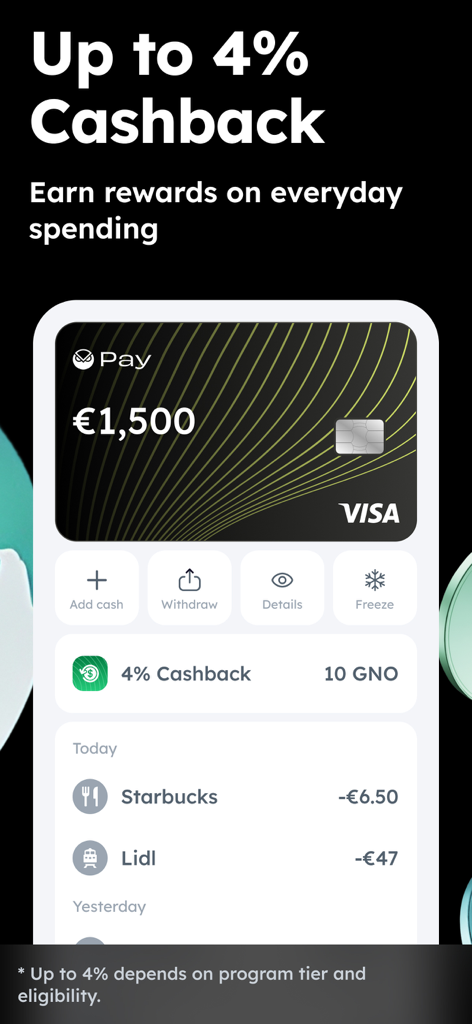 Zeal: Digital Wallet & Card - Interfaccia dell'app Zeal che mostra premi del 4% di cashback e una carta Visa virtuale con transazioni recenti