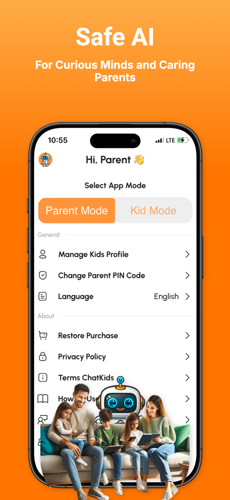 Parent Mode interface of Chat Kids app showing settings for PIN code and child profiles