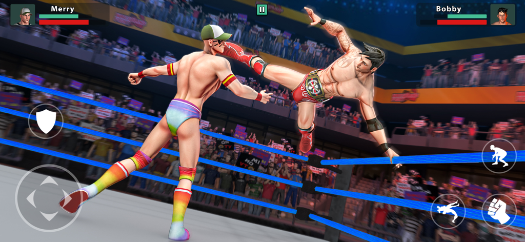 Wrestling Games : Pro Champion - Two wrestlers competing in a ring match with game UI controls displayed