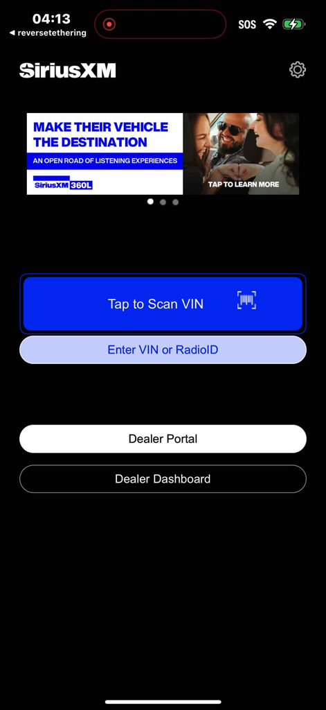 SiriusXM Dealer app home screen featuring buttons to scan VIN, enter RadioID, and access the Dealer Portal.