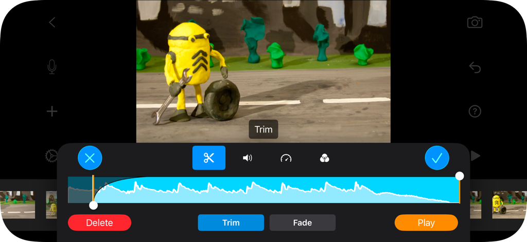 Stop Motion Studio Pro - Interface de edição do Stop Motion Studio Pro mostrando corte de áudio e um personagem de claymation