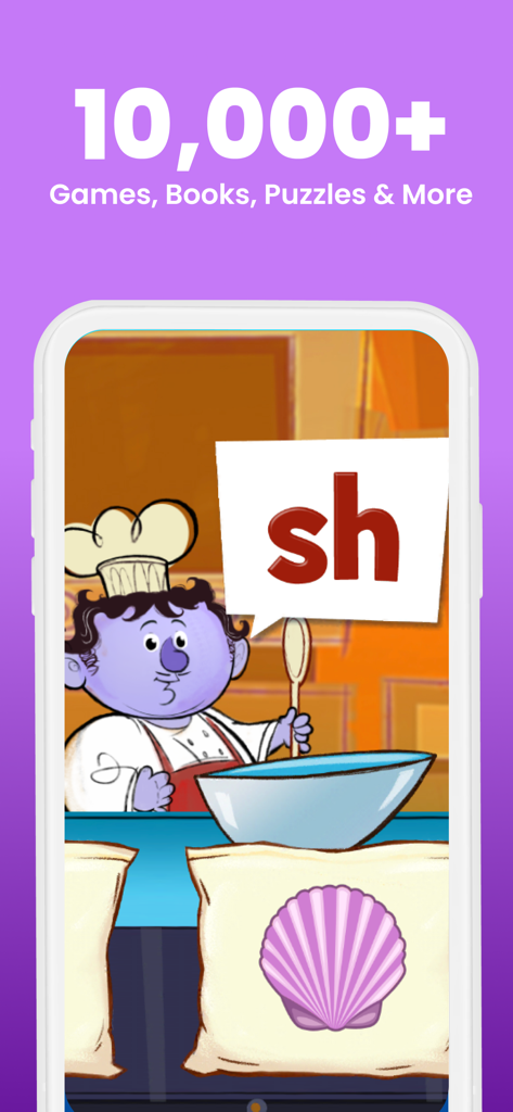 A phonics lesson in ABCmouse featuring a chef and a shell to teach the sh sound