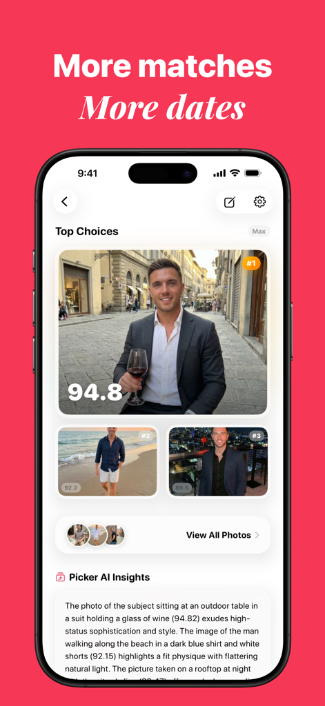 Picker AI - Best Photo Picker - Interfaz de la aplicación Picker AI que clasifica fotos para obtener mejores resultados en perfiles de citas.