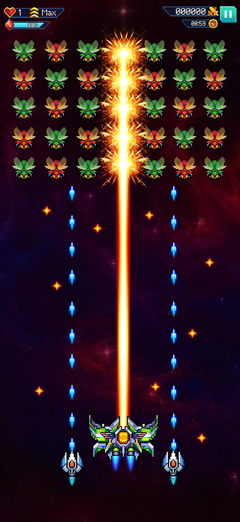 Galaxiga: Classic Arcade Game - A spaceship firing a large laser beam at rows of alien invaders in space