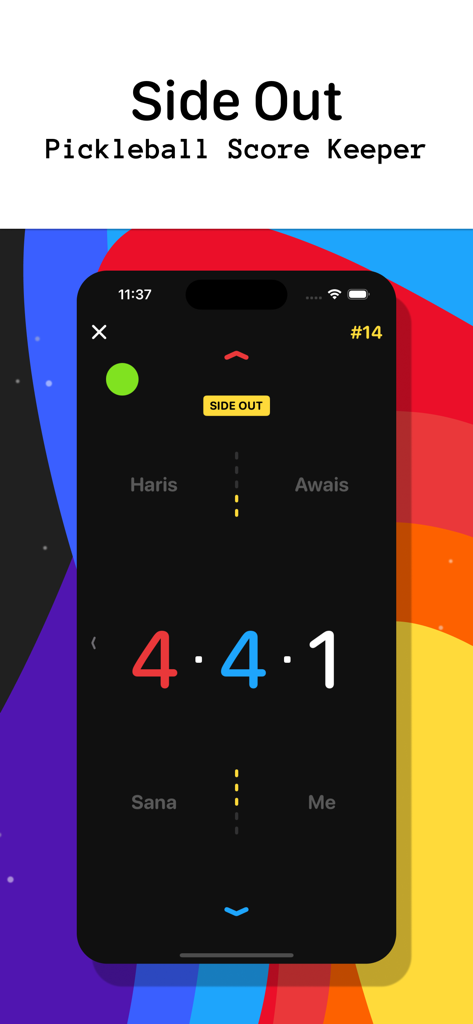 Side Out - Pickleball - Interface of the Side Out Pickleball score keeper app showing a doubles match score of 4-4-1 on a smartphone screen.