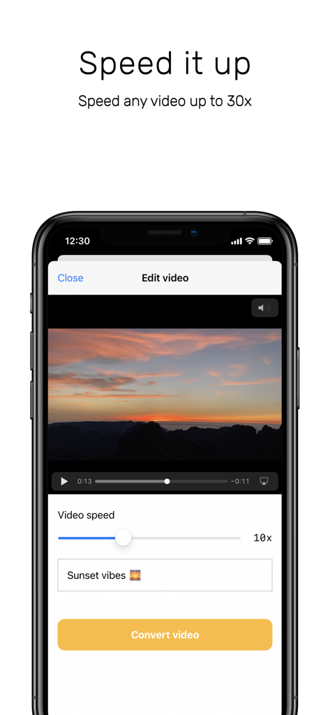Time Lapse video converter - iPhone screen showing a video of a sunset being sped up using the Time Lapse video converter app