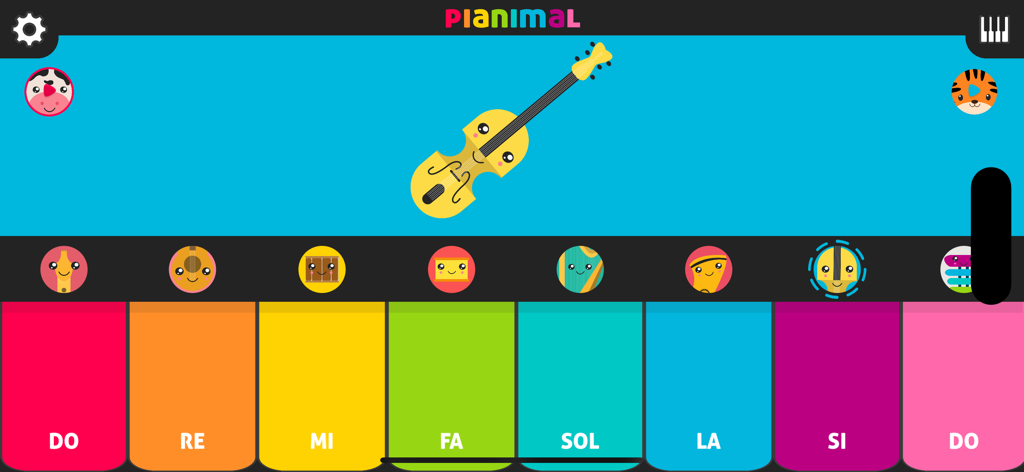 A colorful piano interface for toddlers featuring a cartoon violin and rainbow musical keys labeled with notes