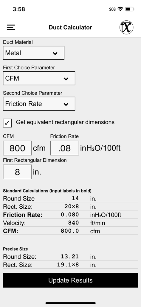 Screenshot of the Duct Calculator interface in the Mean HVAC BS Tools app showing metal duct sizing calculations.