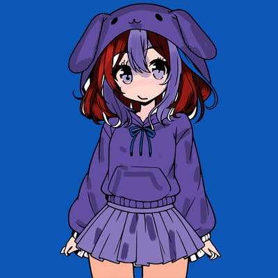 pretty anime girl wearing a fluffy hoodie with bunny ears on the hood and a skirt