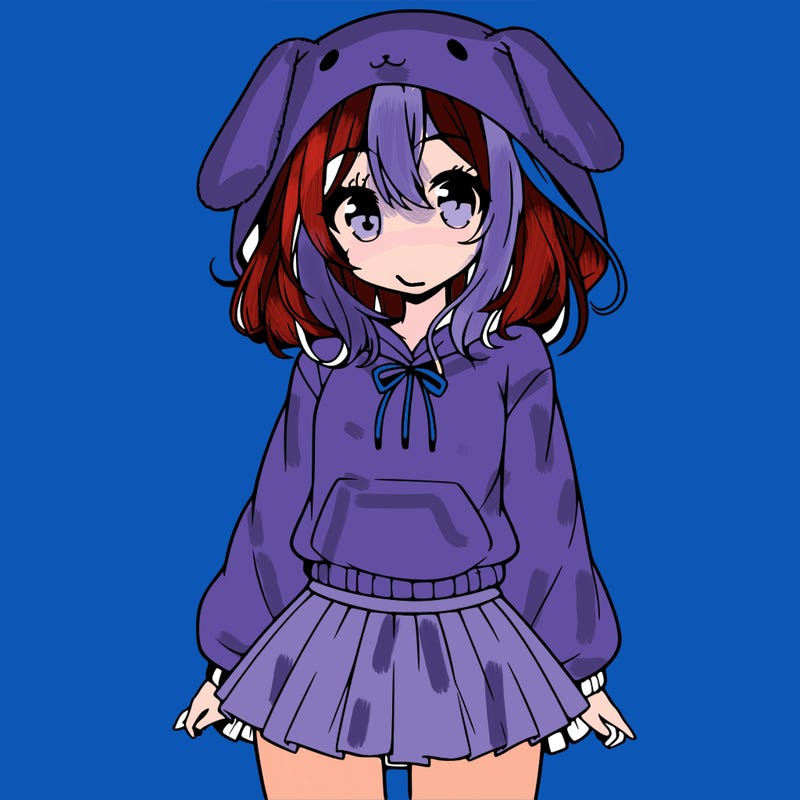 pretty anime girl wearing a fluffy hoodie with bunny ears on the hood and a skirt