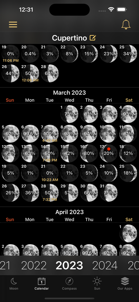 Monthly calendar view of moon phases with illumination percentages