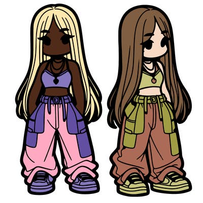 girl in baggy pants crop top and long hair