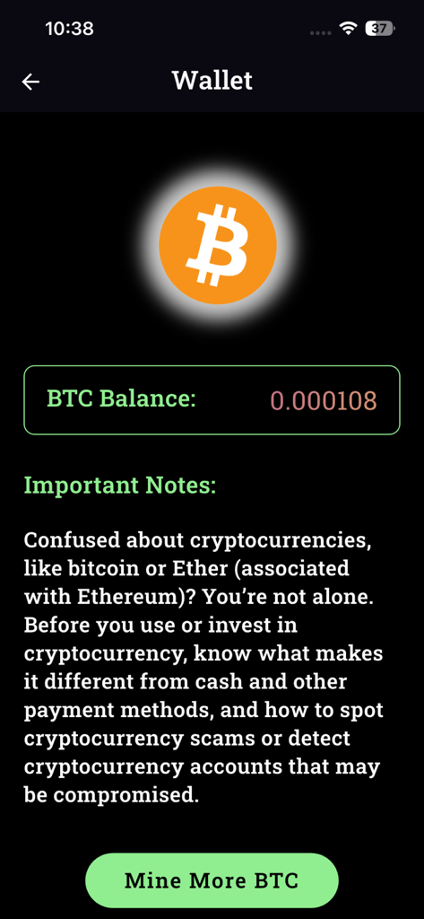 Eine Wallet-Oberfläche in einem Bitcoin-Mining-Simulator, die ein virtuelles BTC-Guthaben und Bildungshinweise anzeigt