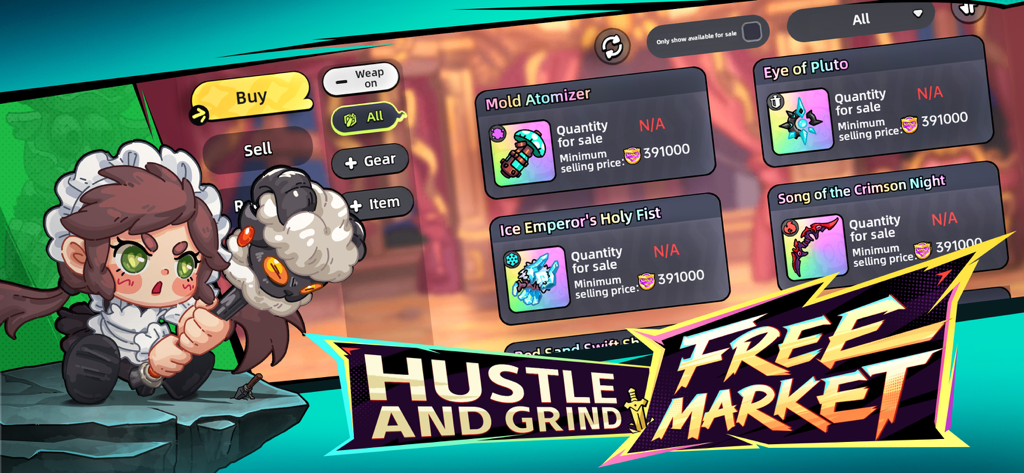 Hero's Land: GrimLoot - In-game player marketplace in Hero's Land: GrimLoot featuring rare gear and weapon trading.