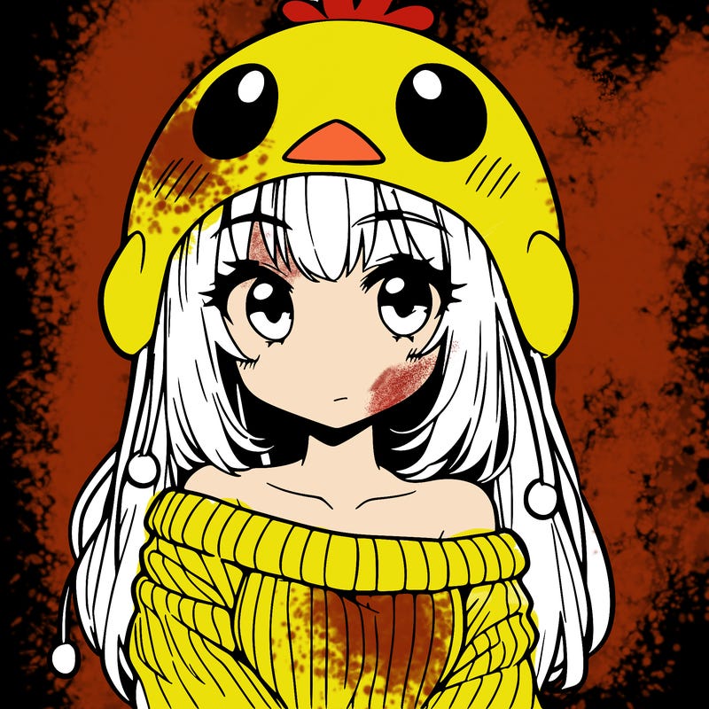 anime girl with chick shaped hat with sweater with bare shoulders with bangs covering them one eye with low tail
